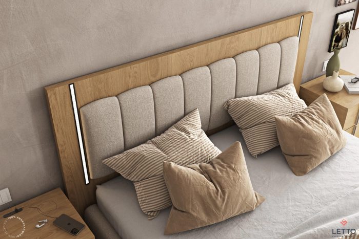 Wooden Bed Mod Led Fabric Headboard and Base S-Letto 160x200