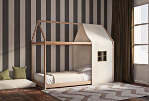 Κρεβάτι House Frame Montessori Φυσικό Χρώμα Οξιάς με Ύφασμα