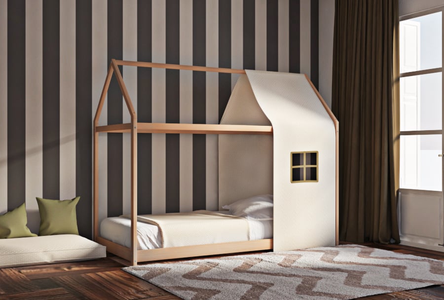 Κρεβάτι House Frame Montessori Φυσικό Χρώμα Οξιάς με Ύφασμα
