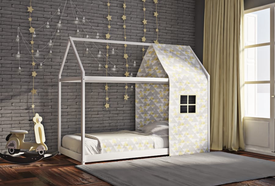 Κρεβάτι House Frame Montessori Λευκό Χρώμα Οξιάς και Ύφασμα