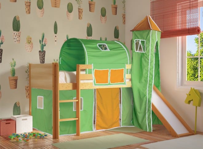 Κρεβάτι Υπερυψωμένο Dream Φυσικό Οξιά με Πράσινο Πορτοκαλί