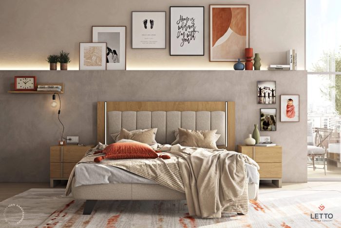 Wooden Bed Mod Led Fabric Headboard and Base S-Letto 160x200