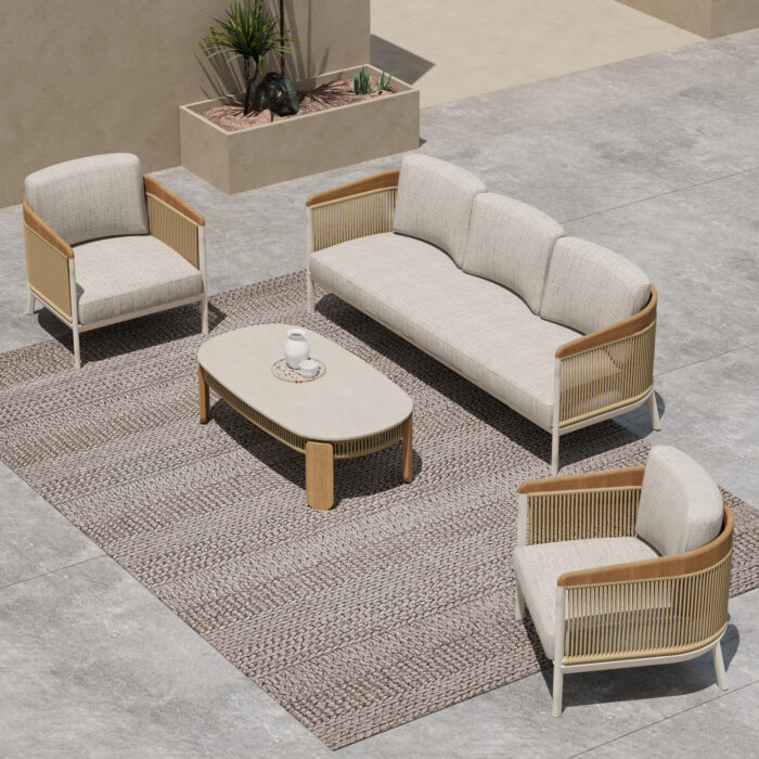 OUTDOOR LOUNGE SET 4PCS SERIES ETHEREAL SM6165 ALUMINUM-ROPE-TEAK WOOD-SINTERED STONE - Image 2