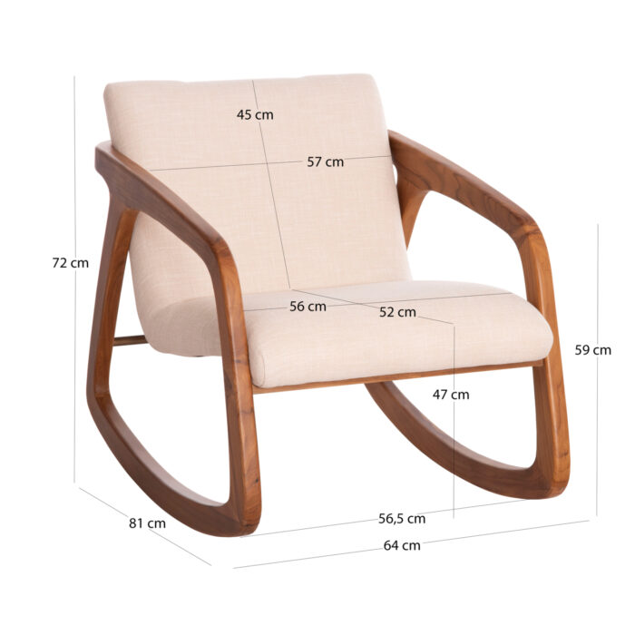 ROCKING CHAIR ROCKER SM9965 TEAK WOOD IN NATURAL-BEIGE FABRIC 61x87x73Hcm. - Image 2