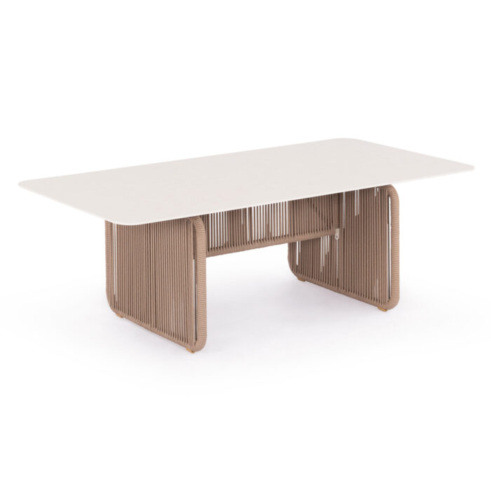 ALUMINUM DINING TABLE SERIES ETHEREAL SM6167 IVORY-COLORED SINTERED STONE TOP-BEIGE P.E.ROPE 240x100x73.5Hm. - Image 1